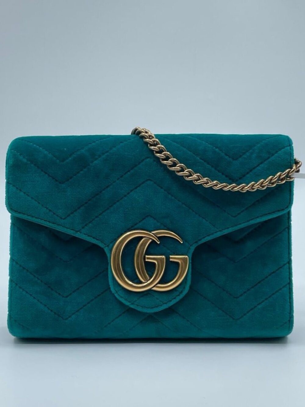 Gucci GG Marmont Mini Velvet Shoulder Bag in Pavone Cyan